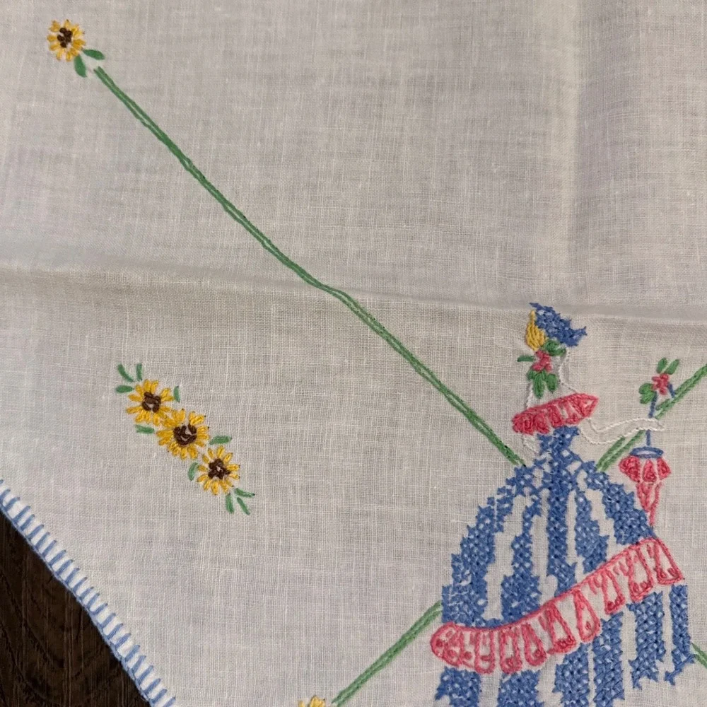 Vintage 17X34 Embroidered Table Runner Crinoline Lady Sunflower White Linen Blue